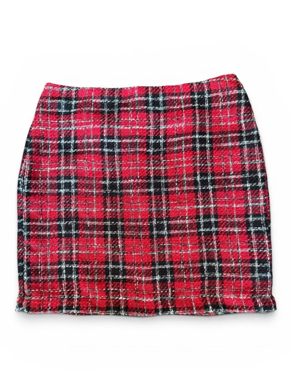 Rachel Zoe Red Plaid Tweed Mini Skirt, Lined, Chic Holiday & Career Style, Large